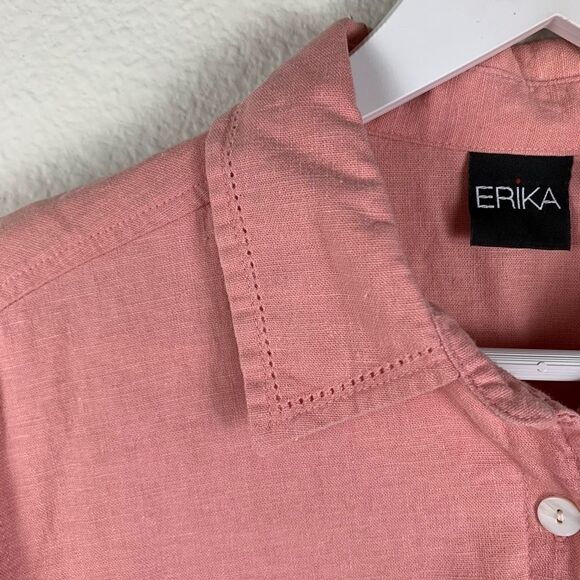 Vintage Erika Women’s Pink Lightweight Floral Button Down Linen Top Sz L - Picture 8 of 10